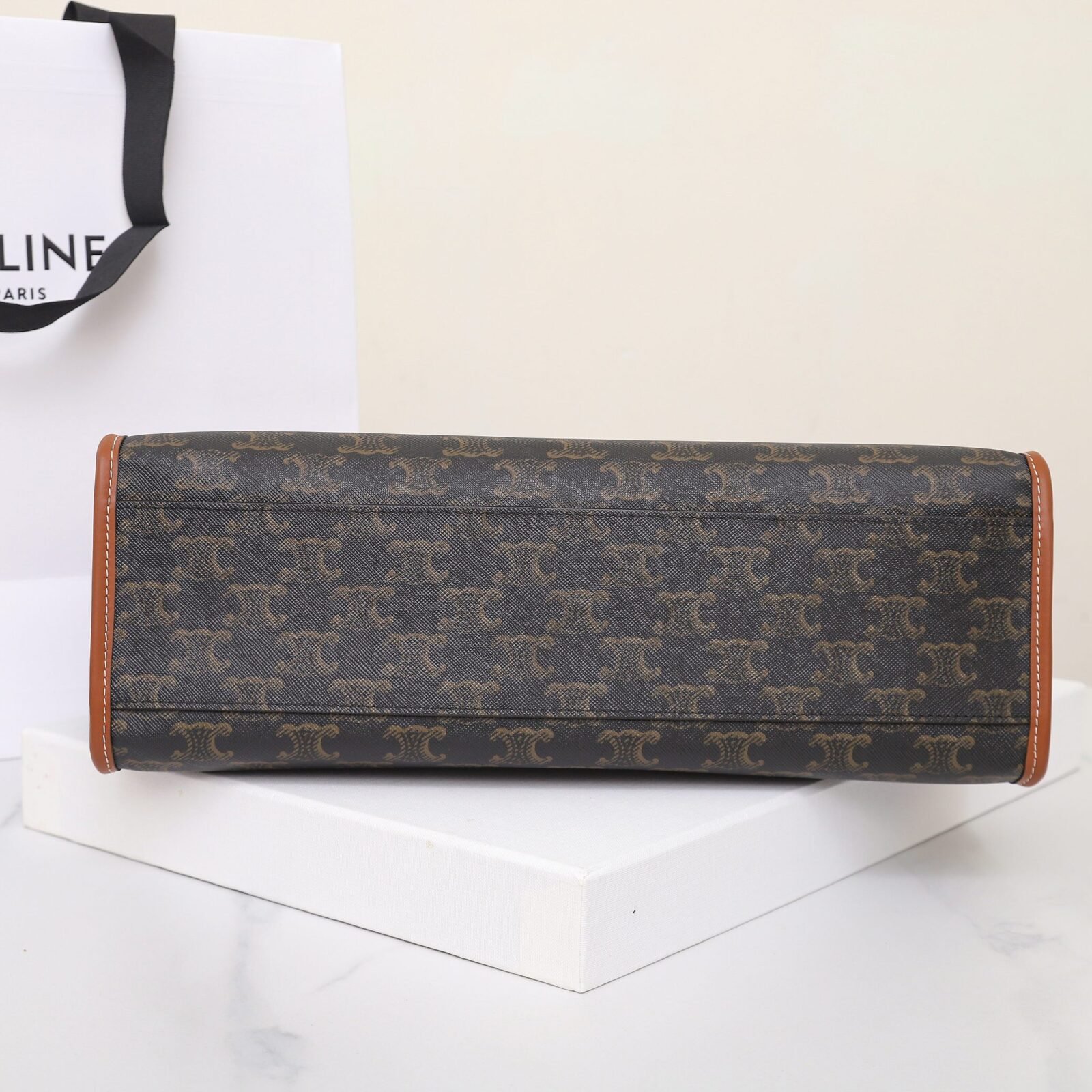 CELINE Horizontal Cabas Tote Bag 35cm Triomphe Canvas and Calfskin Leather Crossbody and Handbag with Strap 7