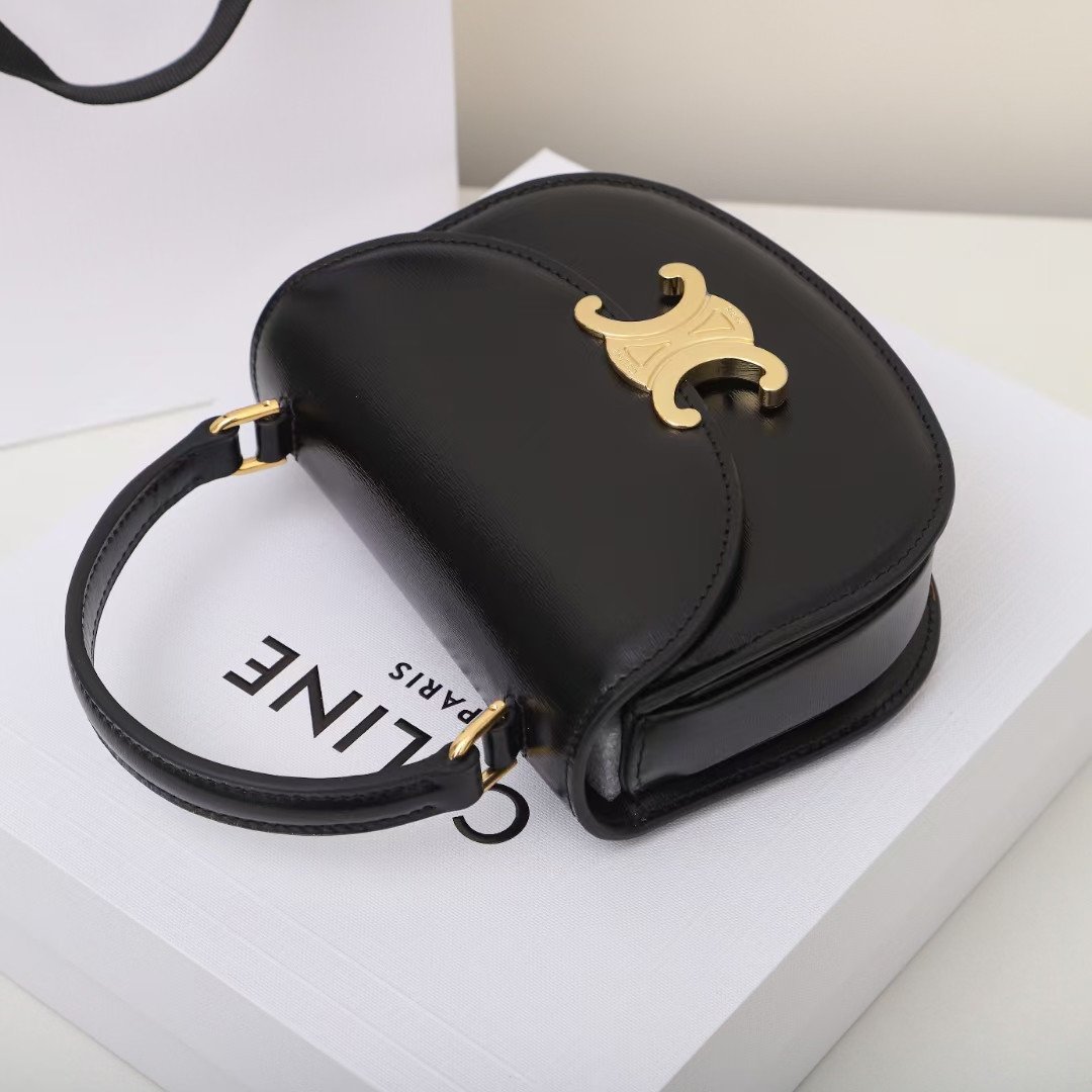 Celine Mini Besace Triomphe Bag 15.5cm Shiny Calfskin Top Handle Saddle Bag Premium Grade Crossbody 7