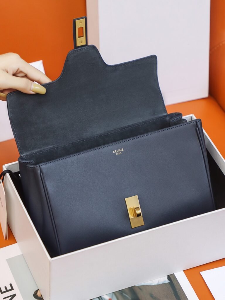 CELINE TEEN SOFT 16 Bag 23cm Smooth Calfskin Tan and Navy Blue Crossbody Bag with Strap – Image 5