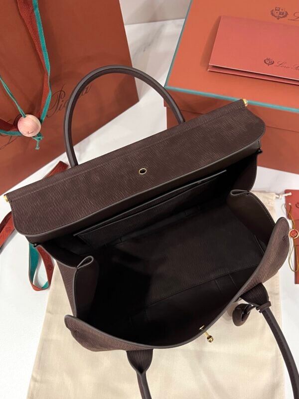 Loro Piana Loom L32 Handbag 33cm Dark Brown Grained Calfskin Leather Tote with Signature Gold Padlock and Key