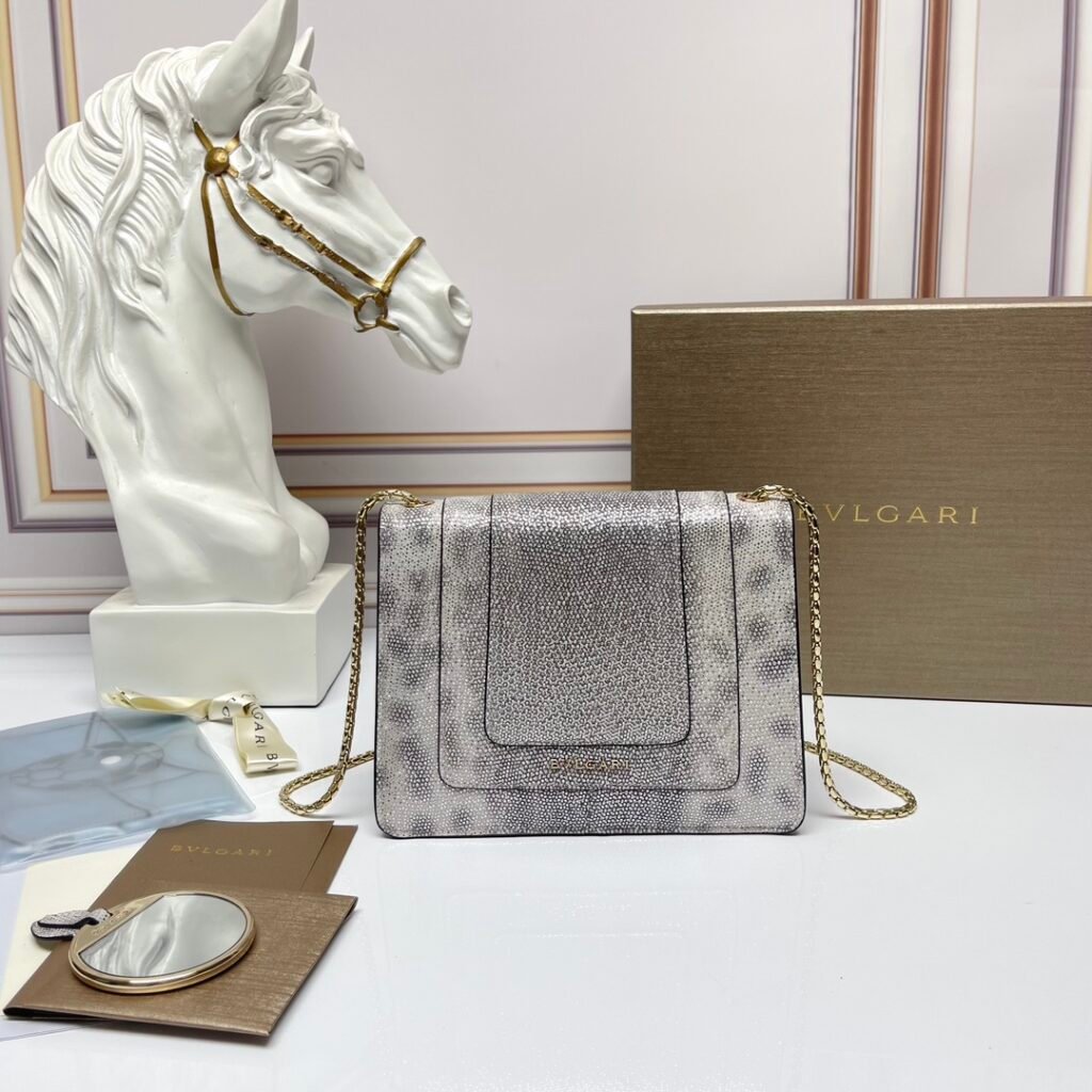 BVLGARI Serpenti Forever Silver-White Karung Skin Shoulder Bag Snakeskin Crossbody Handbag 20cm – Image 7