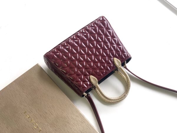 7 BVLGARI Serpentine Duo Tote Bag 21.5cm Designer Quilted Patent Leather Evening Bag with Snake Handles