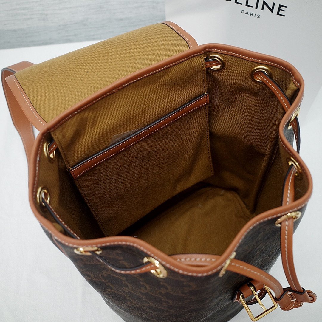 CELINE Triomphe Canvas & Calfskin Folco Backpack 23x30x16cm Timeless Vintage Drawstring Rucksack 7