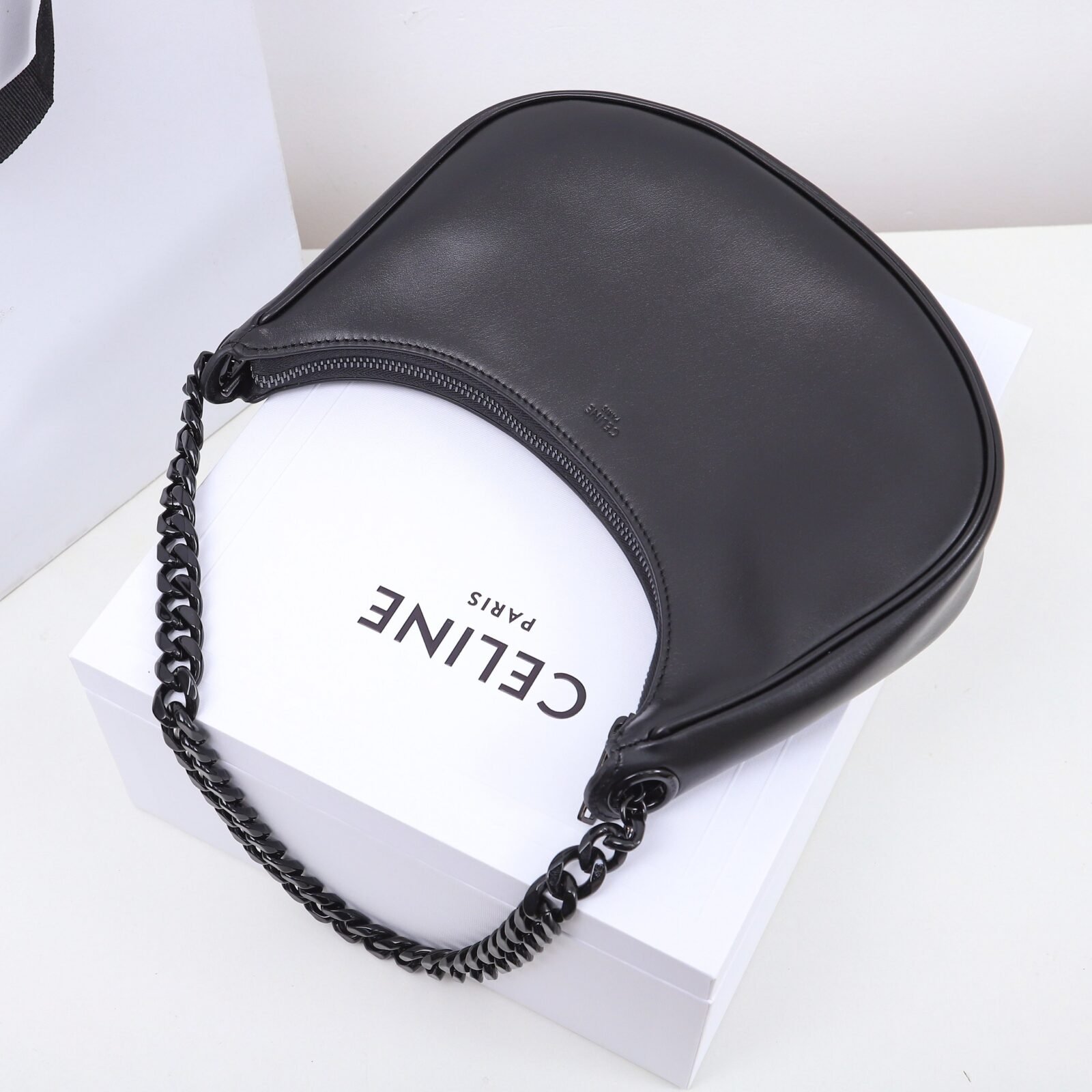 Celine Ava Chain Bag 25cm Smooth Calfskin Moon-Shaped Hobo Bag with Chunky Metal Chain Strap 7