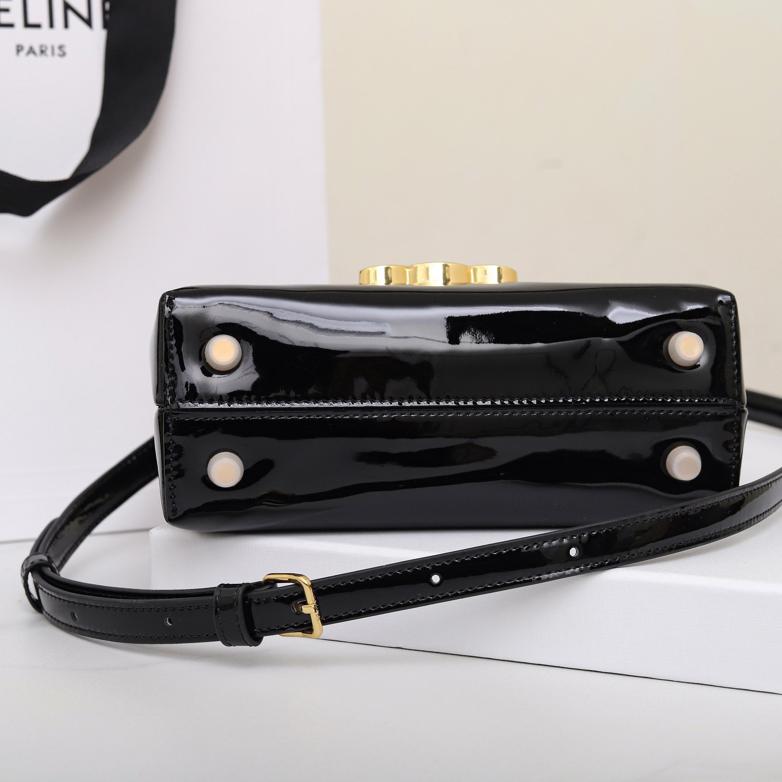 CELINE Triomphe Mirror Patent Leather Top Handle Bag 20cm Calfskin Small Trapezoid Kelly Handbag Crossbody Shoulder Purse 7