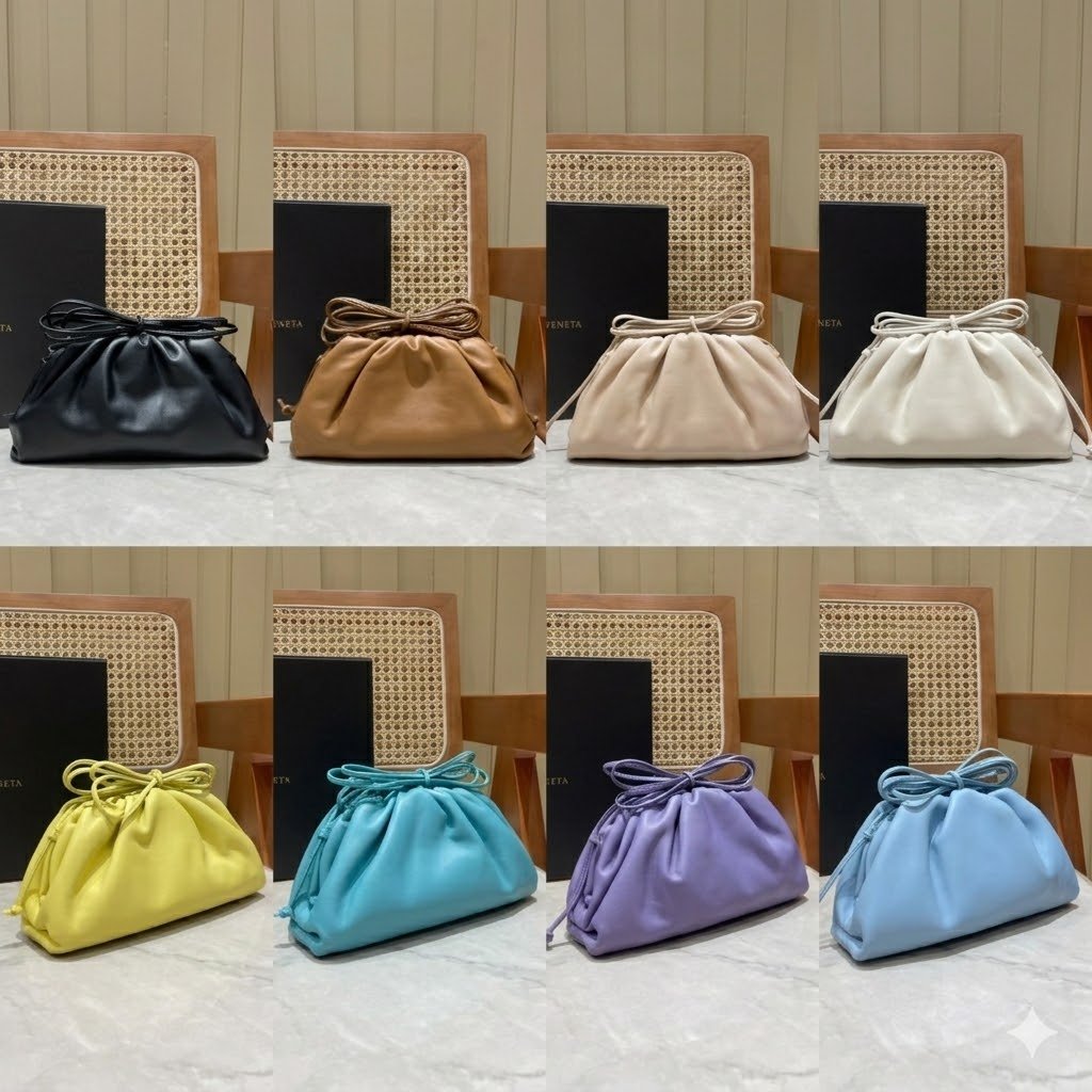 Bottega Veneta The Mini Pouch Bag 22cm Calfskin Leather Clutch & Crossbody Shoulder Bag 8 Colors Dumpling Purse – Image 1 Bottega Veneta The Mini Pouch Bag 22cm Calfskin Leather Clutch & Crossbody Shoulder Bag 8 Colors Dumpling Purse – Image 1