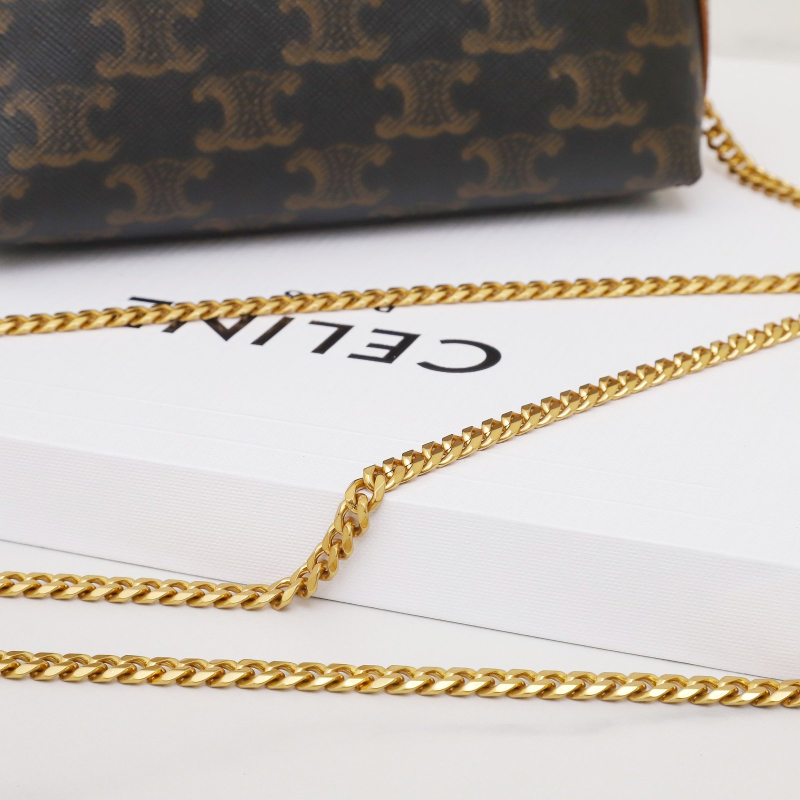 CELINE Triomphe Canvas and Calfskin Mini Chain Clutch Bag Italian Leather Shell Pouch for Women Crossbody Shoulder Bag 8