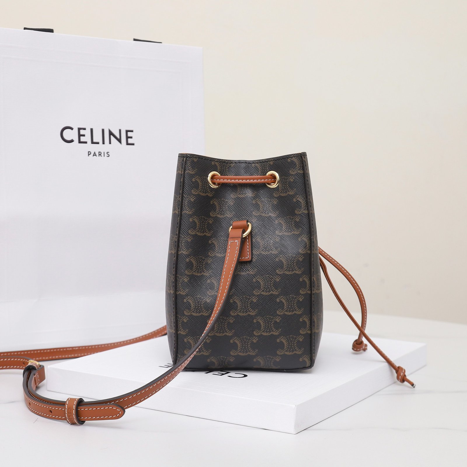 Celine Small Bucket Bag 13.5cm Brown Triomphe Canvas Crossbody with Adjustable Strap Compact Designer Everyday Purse 8