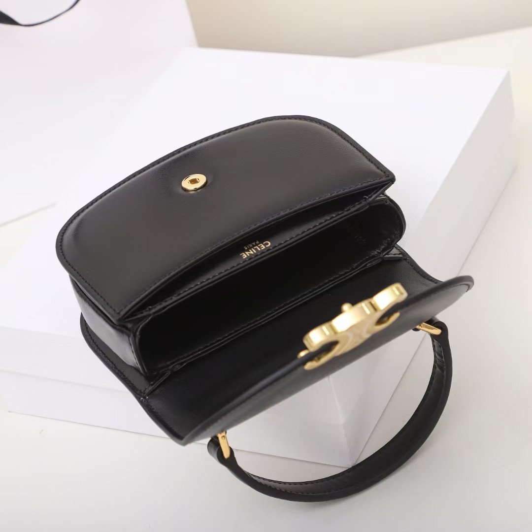 Celine Mini Besace Triomphe Bag 15.5cm Shiny Calfskin Top Handle Saddle Bag Premium Grade Crossbody 8