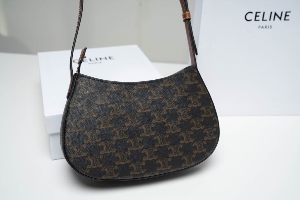 CELINE TILLY Bag 2024 Shiny Calfskin &amp; Triomphe Canvas Shoulder Bag Black/Tan 23cm &ndash; Image 6