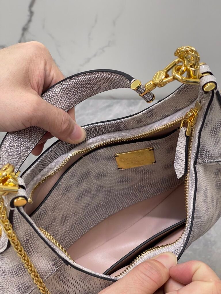 BVLGARI Serpenti Ellipse Calf Leather Shoulder Bag Pink Silver Metallic Half-Moon Crossbody Bag – Image 3