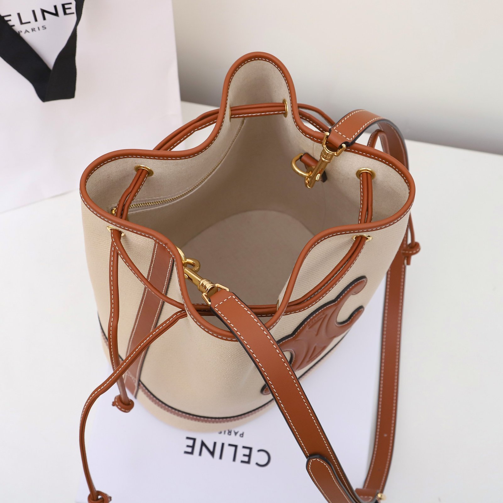 Premium Celine Triomphe Canvas and Leather Bucket Bag 25x28cm Vintage 3D Relief Logo Drawstring Shoulder Bag 8