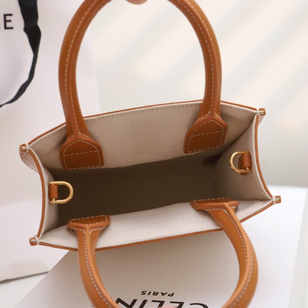 Celine Mini Vertical Cabas Tote Bag 17x21cm Textile and Calfskin Tan/White Handbag &ndash; Image 9