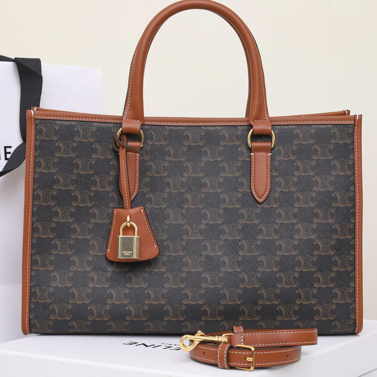CELINE Horizontal Cabas Tote Bag 35cm Triomphe Canvas and Calfskin Leather Crossbody and Handbag with Strap 9