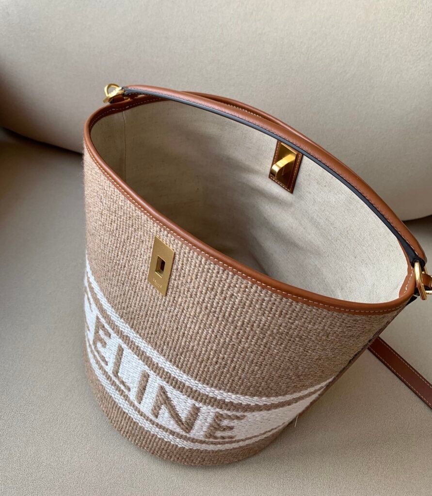 CELINE 16 Bucket Bag 23x25cm Calfskin vs. Linen Jacquard 5 Colors Handbag – Image 3