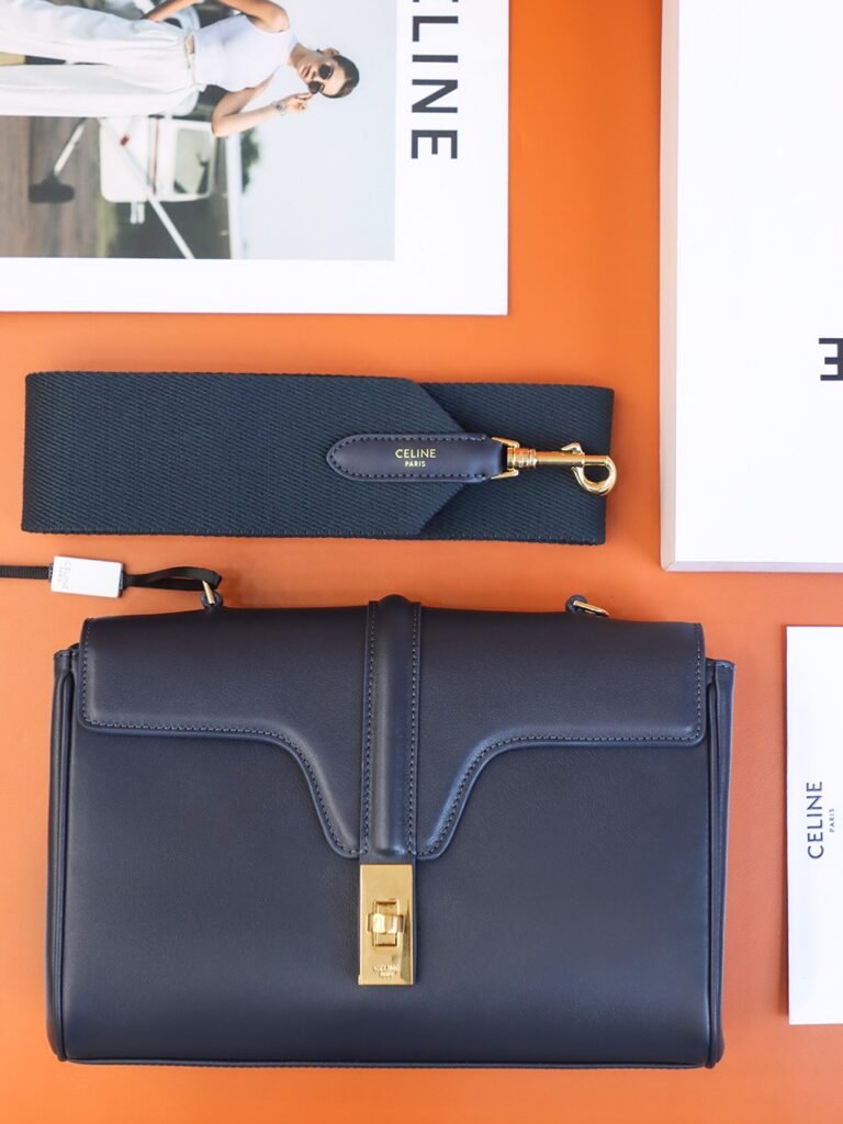CELINE TEEN SOFT 16 Bag 23cm Smooth Calfskin Tan and Navy Blue Crossbody Bag with Strap – Image 7