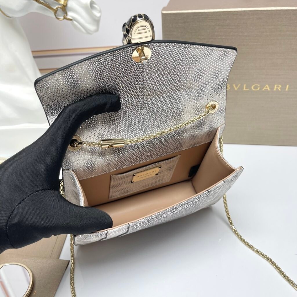 BVLGARI Serpenti Forever Silver-White Karung Skin Shoulder Bag Snakeskin Crossbody Handbag 20cm – Image 9
