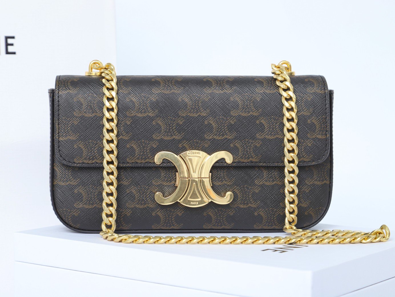 Celine Triomphe Chain Shoulder Bag 20.5cm Canvas and Calfskin Luxury Designer Crossbody for Women 9