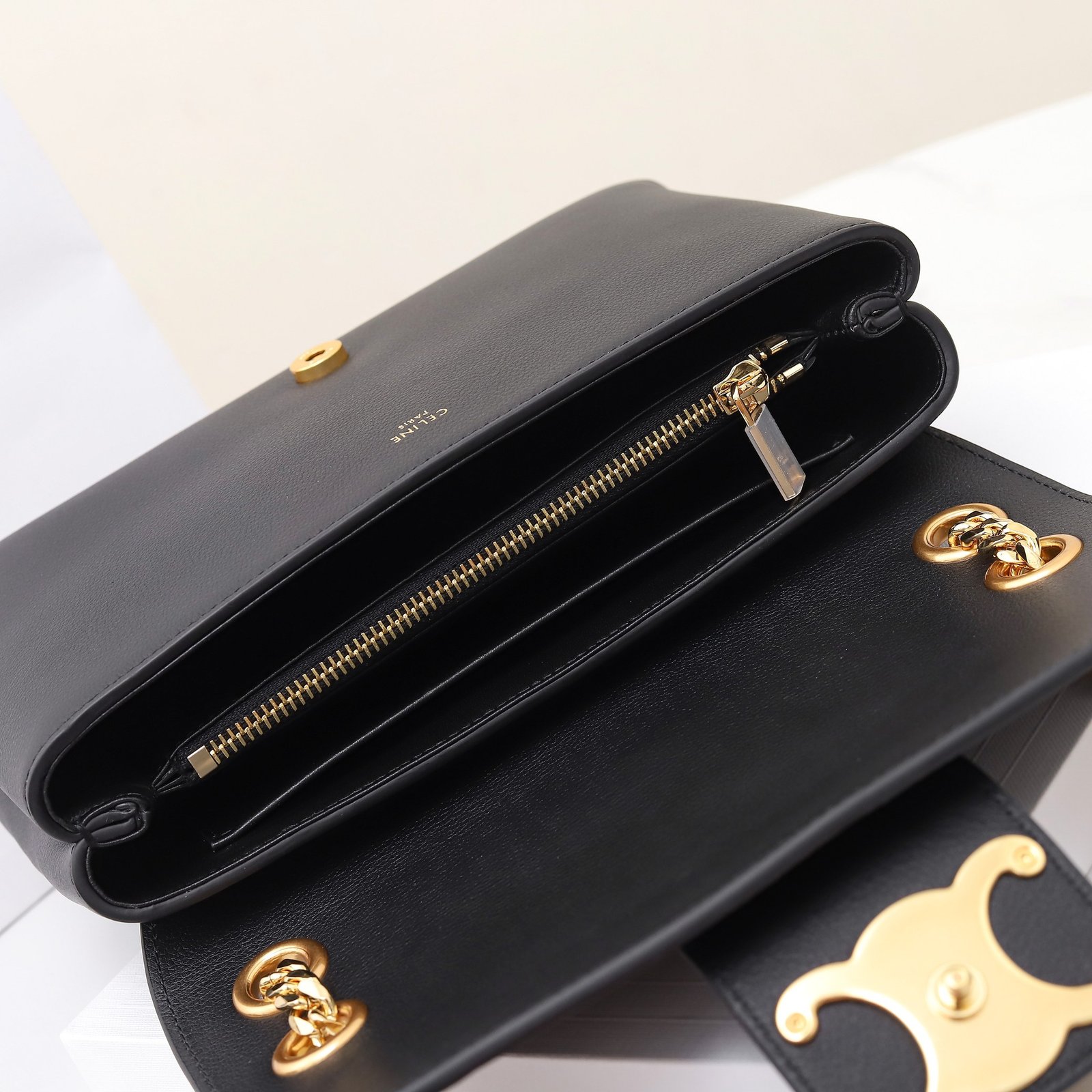 Celine Triomphe Chain Bag 25cm Supple Calfskin and Signature Canvas Medium Flap Shoulder Bag with Gold-Tone Hardware 9