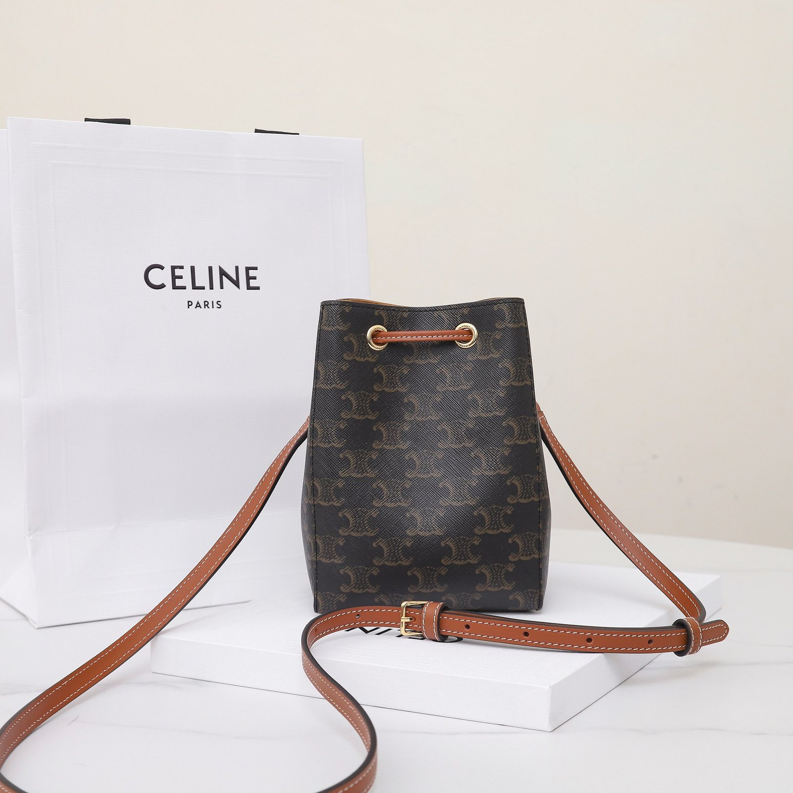 Celine Small Bucket Bag 13.5cm Brown Triomphe Canvas Crossbody with Adjustable Strap Compact Designer Everyday Purse 9