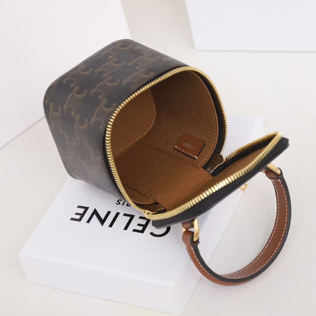 CELINE Mini Vanity Case 9.5cm Triomphe Canvas with Calfskin Leather Small Crossbody Vanity Box Bag 9