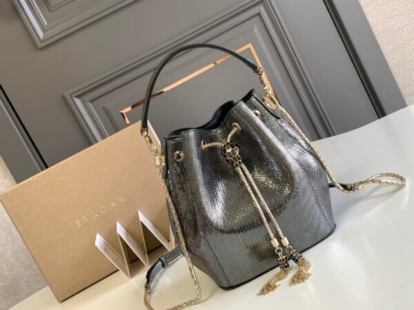 1 BVLGARI Serpenti Forever Metallic Karung Leather Bucket Bag 16cm Exotic Drawstring Crossbody and Top Handle Handbag with Signature Snakehead Closure