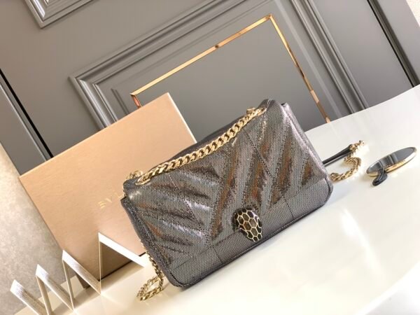 1 BVLGARI Serpenti Cabochon Shoulder Bag 22.5cm Metallic Karung Watersnake Leather Crossbody Bag with Matelassé Quilted Pattern and Iconic Enamel Snakehead Clasp