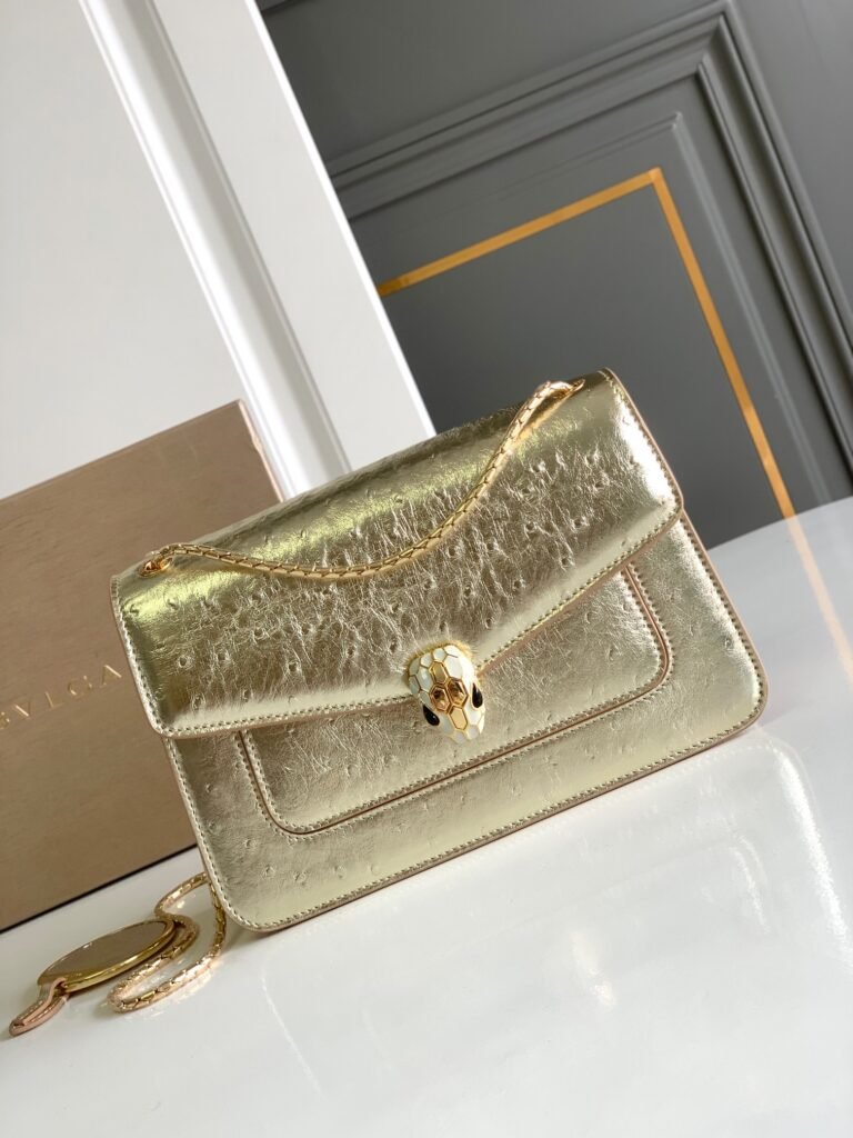 BVLGARI Serpenti Forever Shoulder Bag 3 Sizes Light Gold & Green Ostrich-Effect Calf Leather Crossbody – Image 2 BVLGARI Serpenti Forever Shoulder Bag 3 Sizes Light Gold & Green Ostrich-Effect Calf Leather Crossbody – Image 2