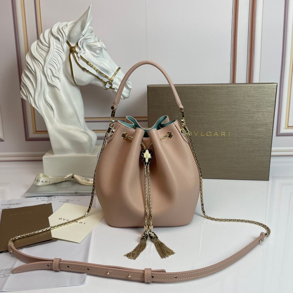 BVLGARI Serpenti Forever Luxury Bucket Bag Genuine Leather Python Skin Drawstring Shoulder Bag – Image 1 BVLGARI Serpenti Forever Luxury Bucket Bag Genuine Leather Python Skin Drawstring Shoulder Bag – Image 1