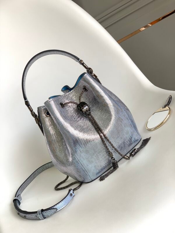 10 BVLGARI Serpenti Forever Metallic Karung Leather Bucket Bag 16cm Exotic Drawstring Crossbody and Top Handle Handbag with Signature Snakehead Closure