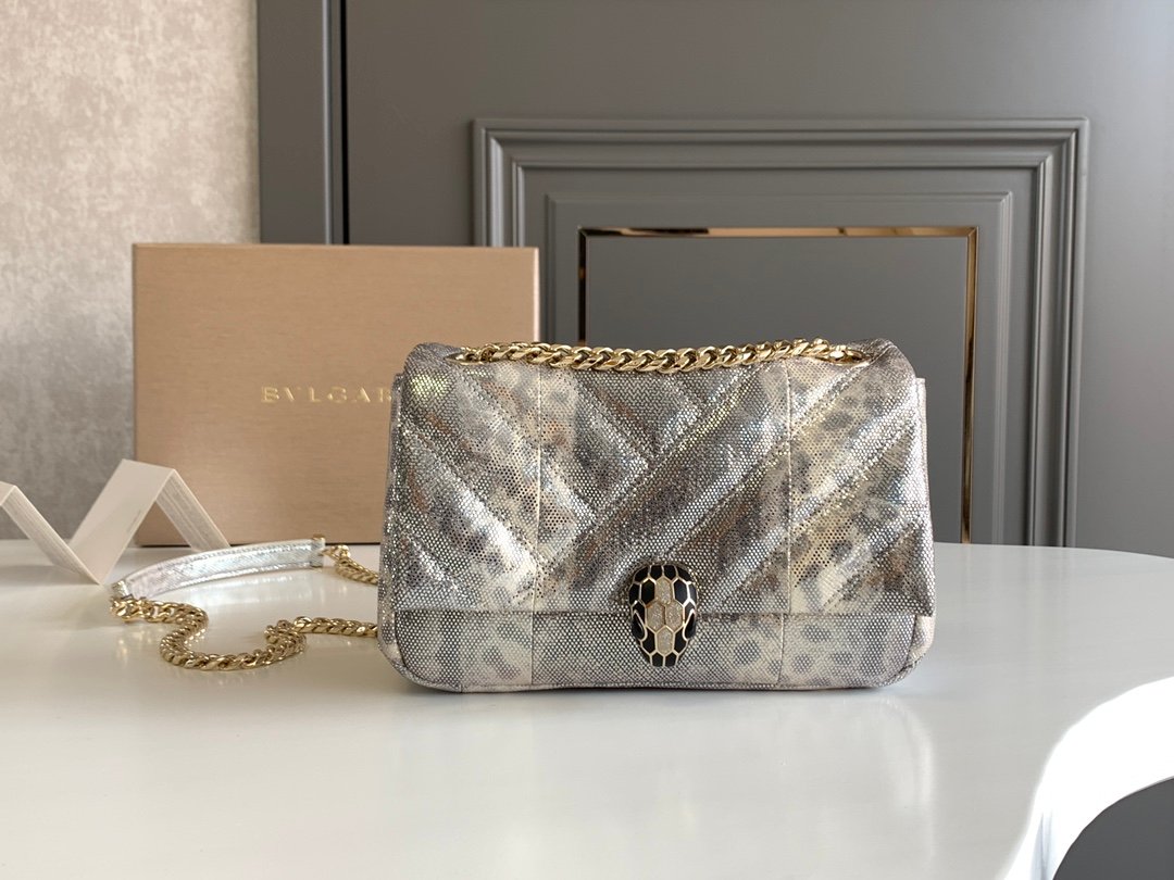 BVLGARI Serpenti Cabochon Shoulder Bag 22.5cm Metallic Karung Watersnake Leather Crossbody Bag with Matelassé Quilted Pattern and Iconic Enamel Snakehead Clasp BVLGARI Serpenti Cabochon Shoulder Bag 22.5cm Metallic Karung Watersnake Leather Crossbody Bag with Matelassé Quilted Pattern and Iconic Enamel Snakehead Clasp