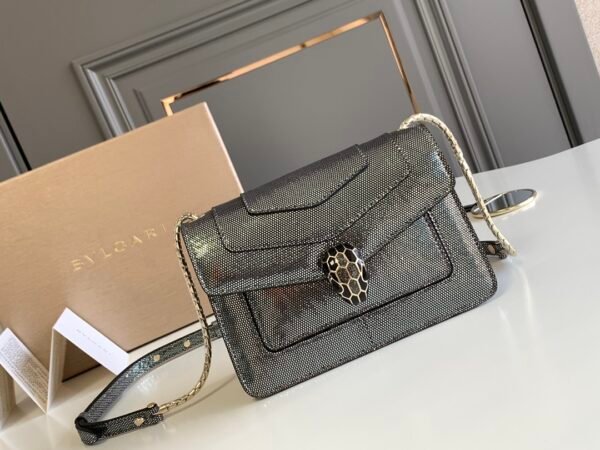 10 BVLGARI Serpenti Forever Luxury Shoulder Bag 19cm Metallic Karung Skin Crossbody Handbag with Iconic Snakehead Enamel Clasp
