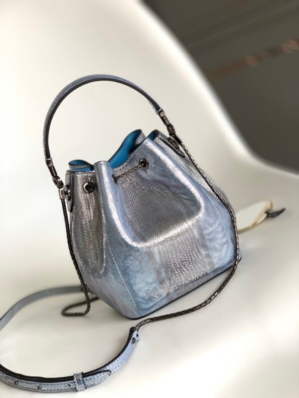 12 BVLGARI Serpenti Forever Metallic Karung Leather Bucket Bag 16cm Exotic Drawstring Crossbody and Top Handle Handbag with Signature Snakehead Closure