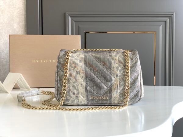12 BVLGARI Serpenti Cabochon Shoulder Bag 22.5cm Metallic Karung Watersnake Leather Crossbody Bag with Matelassé Quilted Pattern and Iconic Enamel Snakehead Clasp