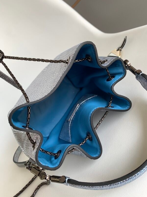 17 BVLGARI Serpenti Forever Metallic Karung Leather Bucket Bag 16cm Exotic Drawstring Crossbody and Top Handle Handbag with Signature Snakehead Closure