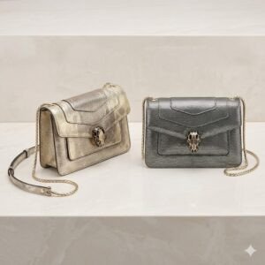 BVLGARI Serpenti Forever Luxury Shoulder Bag 19cm Metallic Karung Skin Crossbody Handbag with Iconic Snakehead Enamel Clasp