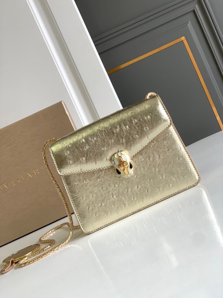 BVLGARI Serpenti Forever Shoulder Bag 3 Sizes Light Gold & Green Ostrich-Effect Calf Leather Crossbody – Image 14 BVLGARI Serpenti Forever Shoulder Bag 3 Sizes Light Gold & Green Ostrich-Effect Calf Leather Crossbody – Image 14