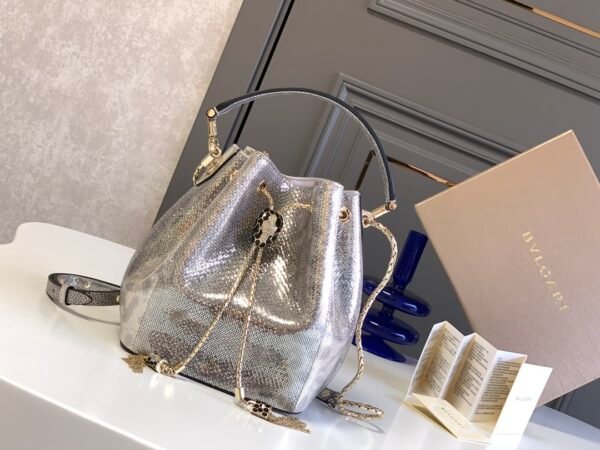 19 BVLGARI Serpenti Forever Metallic Karung Leather Bucket Bag 16cm Exotic Drawstring Crossbody and Top Handle Handbag with Signature Snakehead Closure