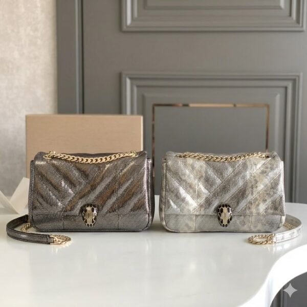 19 BVLGARI Serpenti Cabochon Shoulder Bag 22.5cm Metallic Karung Watersnake Leather Crossbody Bag with Matelassé Quilted Pattern and Iconic Enamel Snakehead Clasp