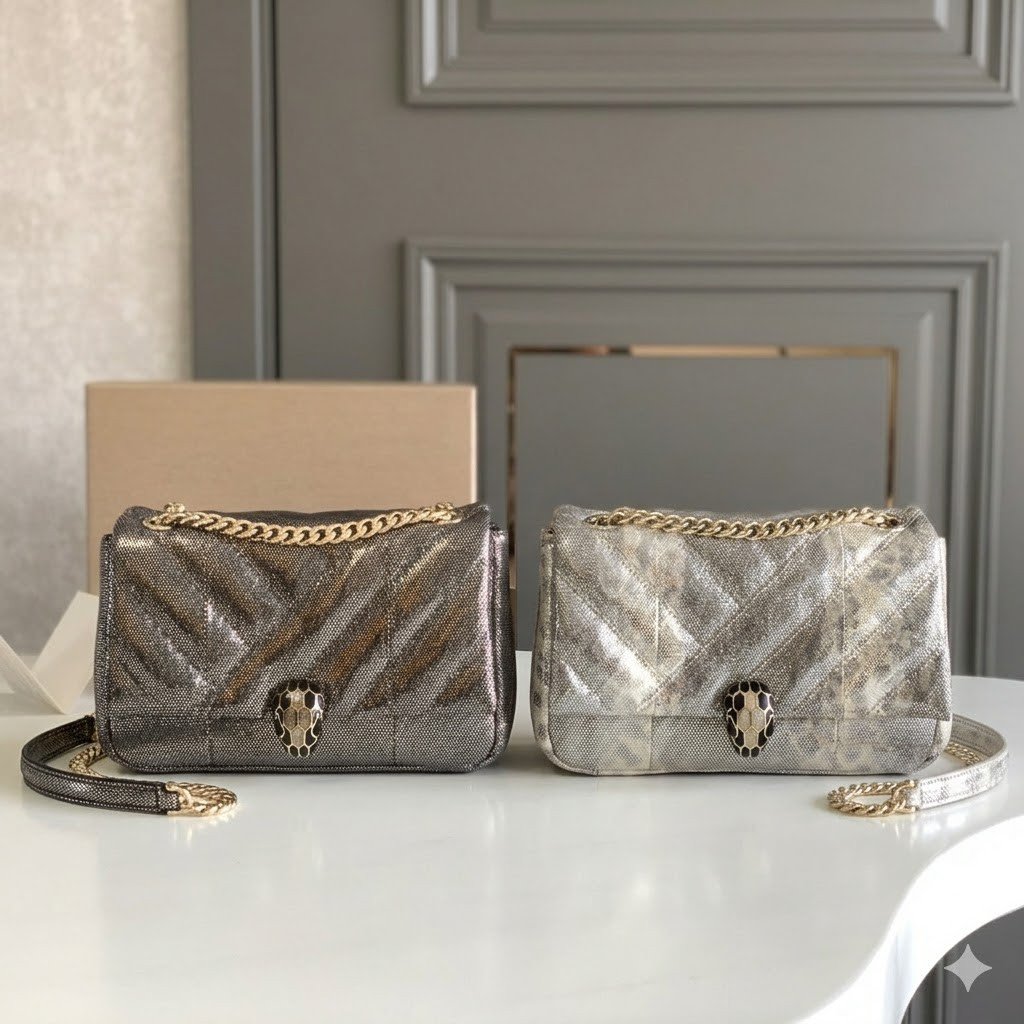 BVLGARI Serpenti Cabochon Shoulder Bag 22.5cm Metallic Karung Watersnake Leather Crossbody Bag with Matelassé Quilted Pattern and Iconic Enamel Snakehead Clasp BVLGARI Serpenti Cabochon Shoulder Bag 22.5cm Metallic Karung Watersnake Leather Crossbody Bag with Matelassé Quilted Pattern and Iconic Enamel Snakehead Clasp