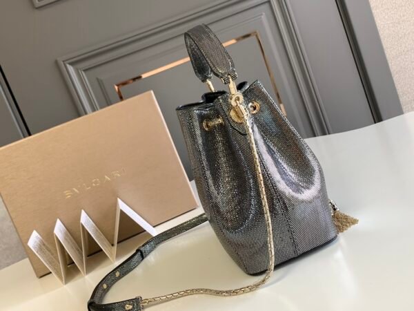 2 BVLGARI Serpenti Forever Metallic Karung Leather Bucket Bag 16cm Exotic Drawstring Crossbody and Top Handle Handbag with Signature Snakehead Closure