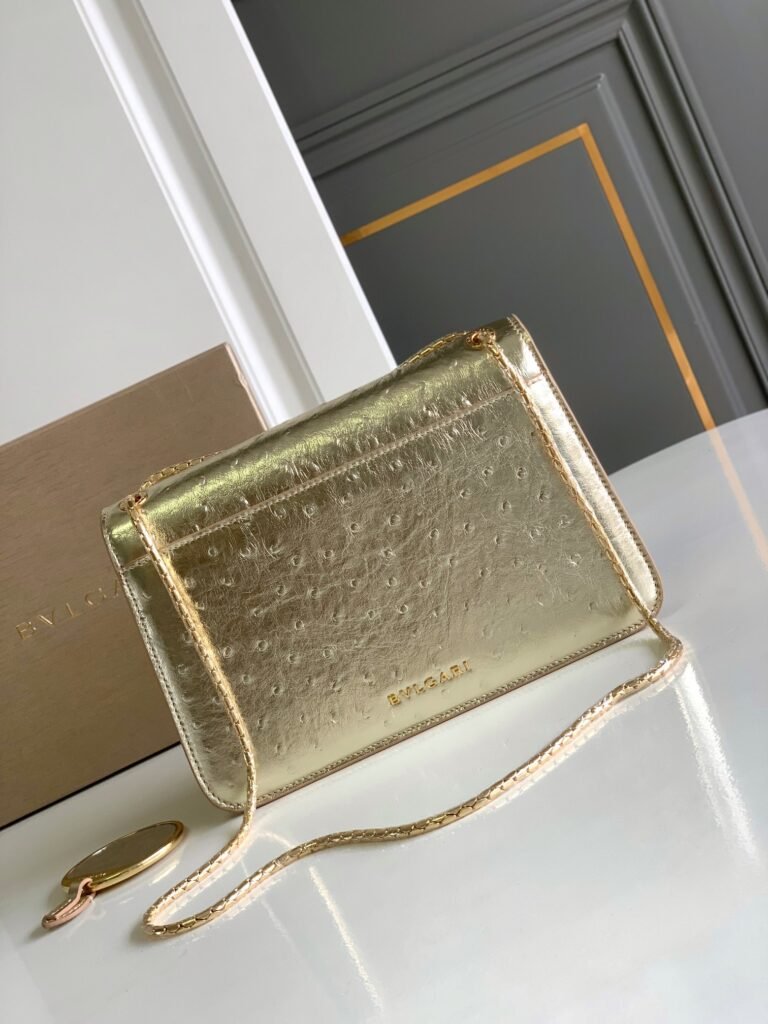 BVLGARI Serpenti Forever Shoulder Bag 3 Sizes Light Gold & Green Ostrich-Effect Calf Leather Crossbody – Image 3 BVLGARI Serpenti Forever Shoulder Bag 3 Sizes Light Gold & Green Ostrich-Effect Calf Leather Crossbody – Image 3