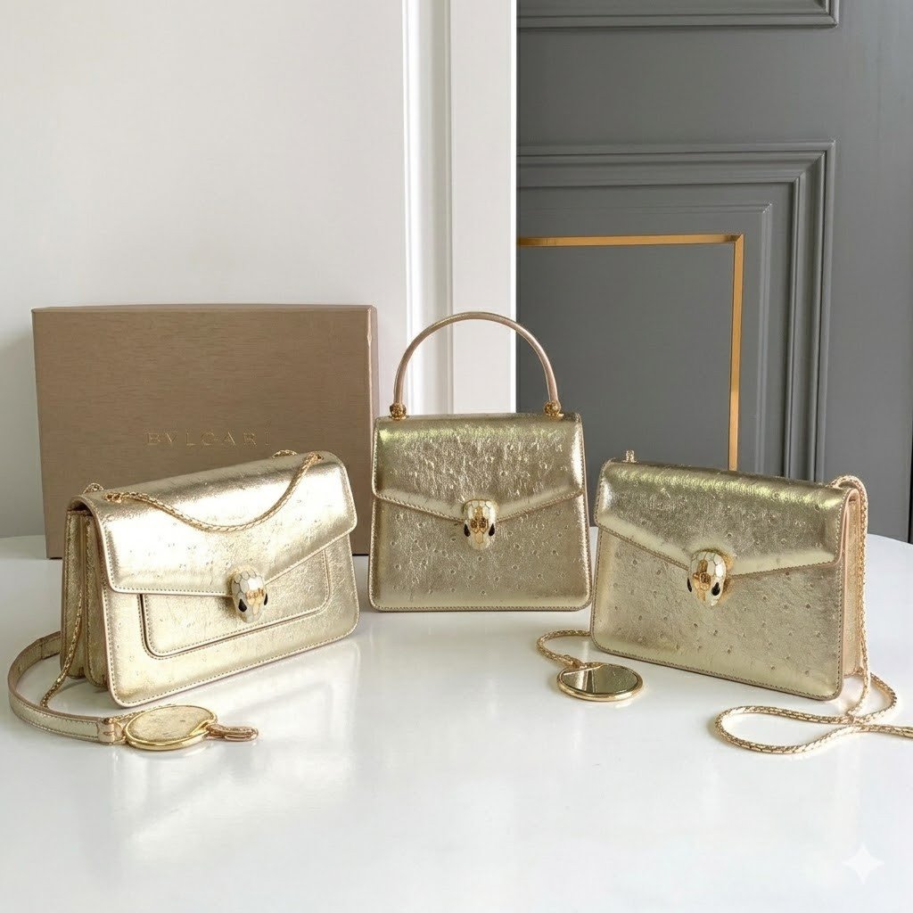 BVLGARI Serpenti Forever Shoulder Bag 3 Sizes Light Gold & Green Ostrich-Effect Calf Leather Crossbody – Image 1 BVLGARI Serpenti Forever Shoulder Bag 3 Sizes Light Gold & Green Ostrich-Effect Calf Leather Crossbody – Image 1