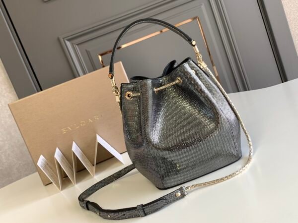 3 BVLGARI Serpenti Forever Metallic Karung Leather Bucket Bag 16cm Exotic Drawstring Crossbody and Top Handle Handbag with Signature Snakehead Closure
