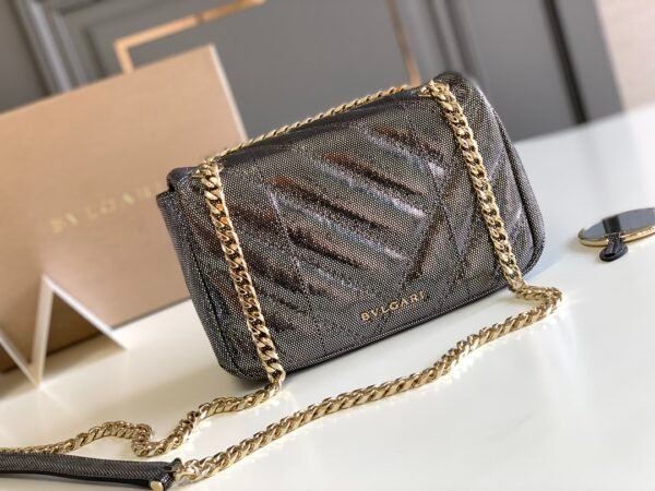 3 BVLGARI Serpenti Cabochon Shoulder Bag 22.5cm Metallic Karung Watersnake Leather Crossbody Bag with Matelassé Quilted Pattern and Iconic Enamel Snakehead Clasp