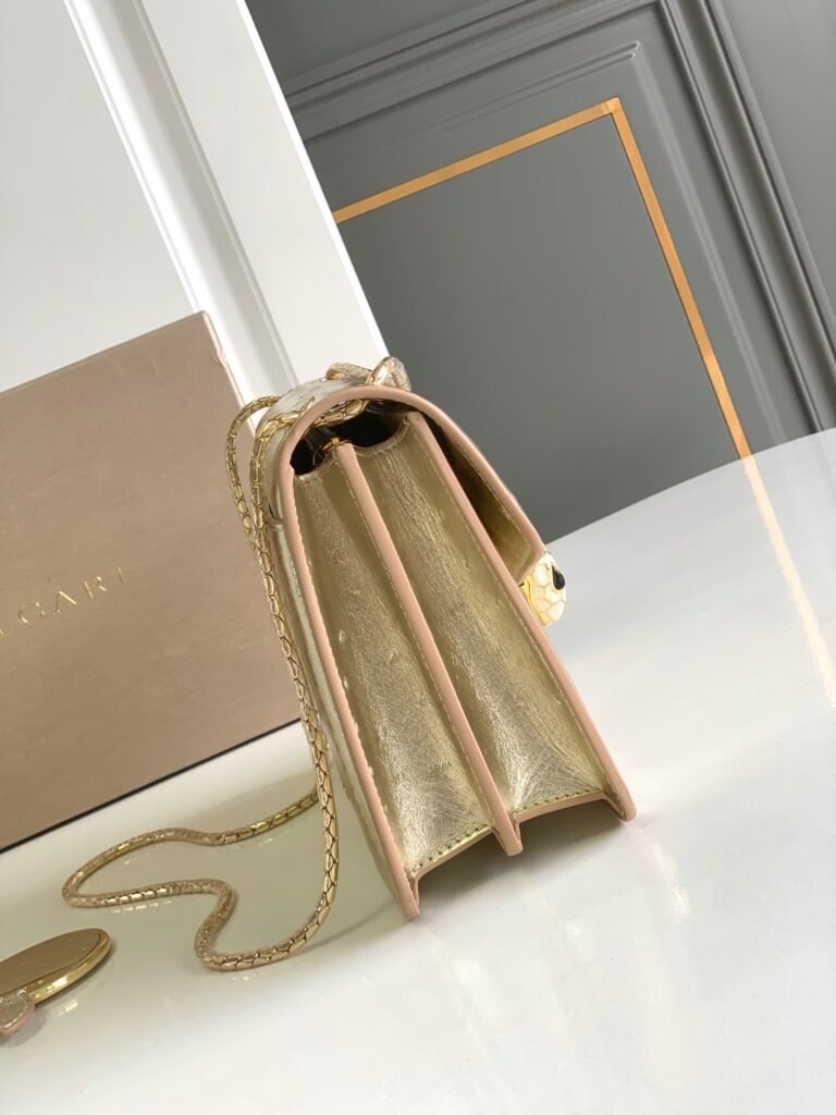 BVLGARI Serpenti Forever Shoulder Bag 3 Sizes Light Gold & Green Ostrich-Effect Calf Leather Crossbody – Image 4 BVLGARI Serpenti Forever Shoulder Bag 3 Sizes Light Gold & Green Ostrich-Effect Calf Leather Crossbody – Image 4