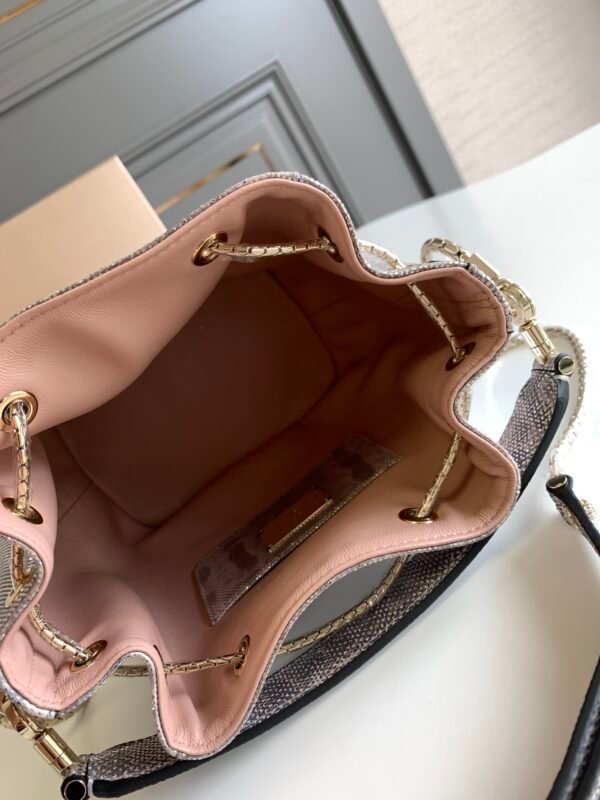 35 BVLGARI Serpenti Forever Metallic Karung Leather Bucket Bag 16cm Exotic Drawstring Crossbody and Top Handle Handbag with Signature Snakehead Closure