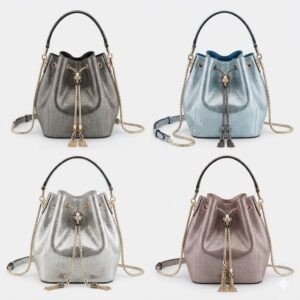 Cart BVLGARI Serpenti Forever Metallic Karung Leather Bucket Bag 16cm Exotic Drawstring Crossbody and Top Handle Handbag with Signature Snakehead Closure