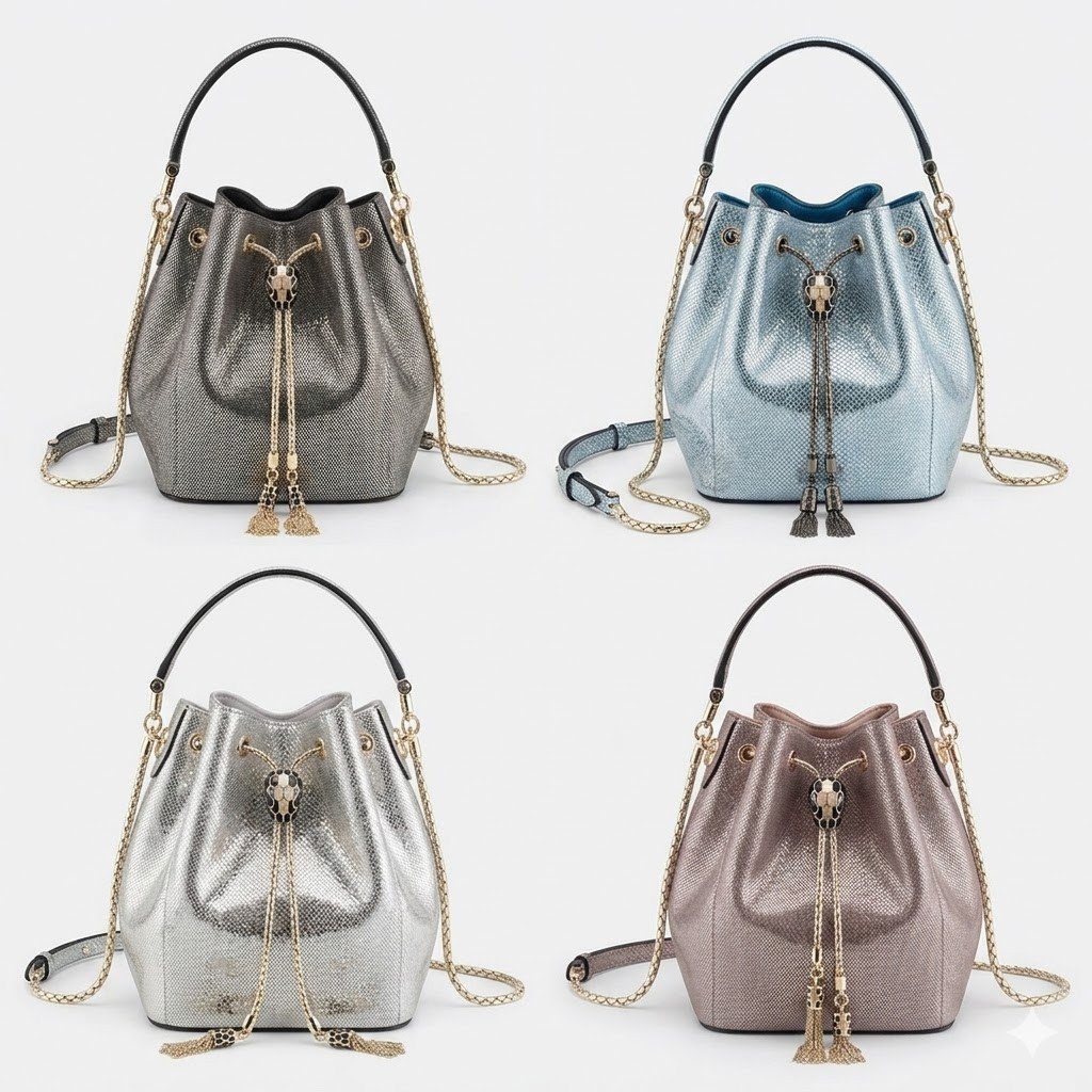 BVLGARI Serpenti Forever Metallic Karung Leather Bucket Bag 16cm Exotic Drawstring Crossbody and Top Handle Handbag with Signature Snakehead Closure BVLGARI Serpenti Forever Metallic Karung Leather Bucket Bag 16cm Exotic Drawstring Crossbody and Top Handle Handbag with Signature Snakehead Closure