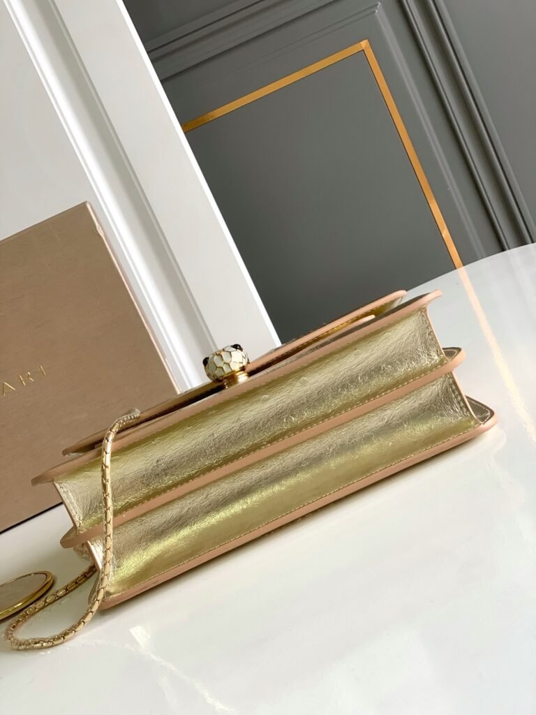 BVLGARI Serpenti Forever Shoulder Bag 3 Sizes Light Gold & Green Ostrich-Effect Calf Leather Crossbody – Image 5 BVLGARI Serpenti Forever Shoulder Bag 3 Sizes Light Gold & Green Ostrich-Effect Calf Leather Crossbody – Image 5